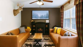 TV connectée, cheminée, baby-foot, livres