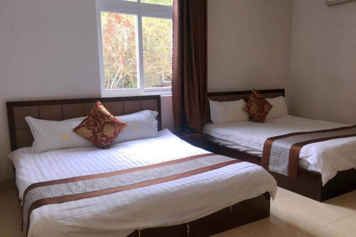 A hotel room with two beds, each with a brown headboard and white bedding.