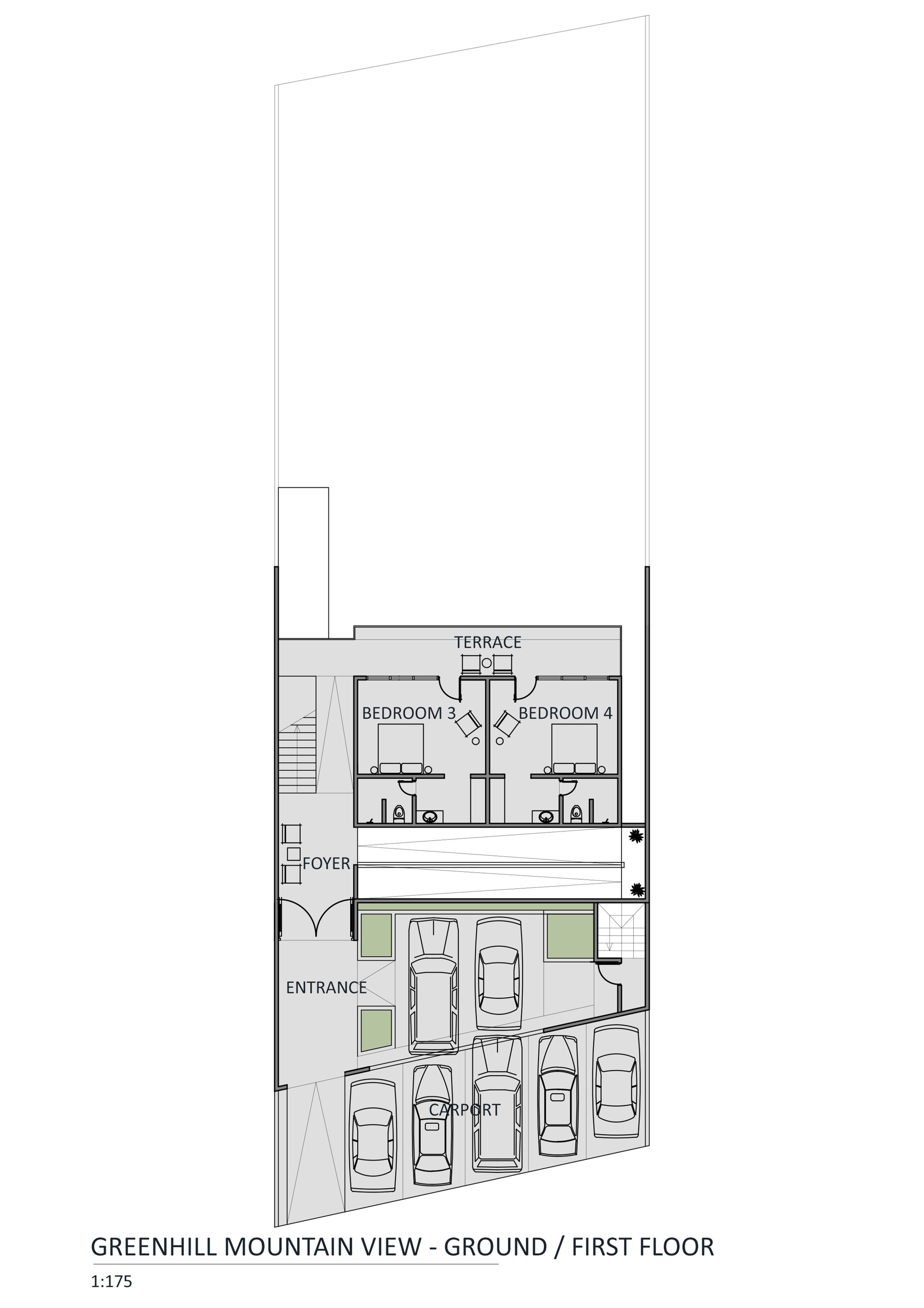Ein Grundriss eines Hotels mit zwei Schlafzimmern, einer Terrasse, einer Eingangshalle, einem Eingang und einem Parkplatz.