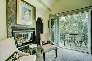 TV connectée, cheminée, lecteur de DVD, livres