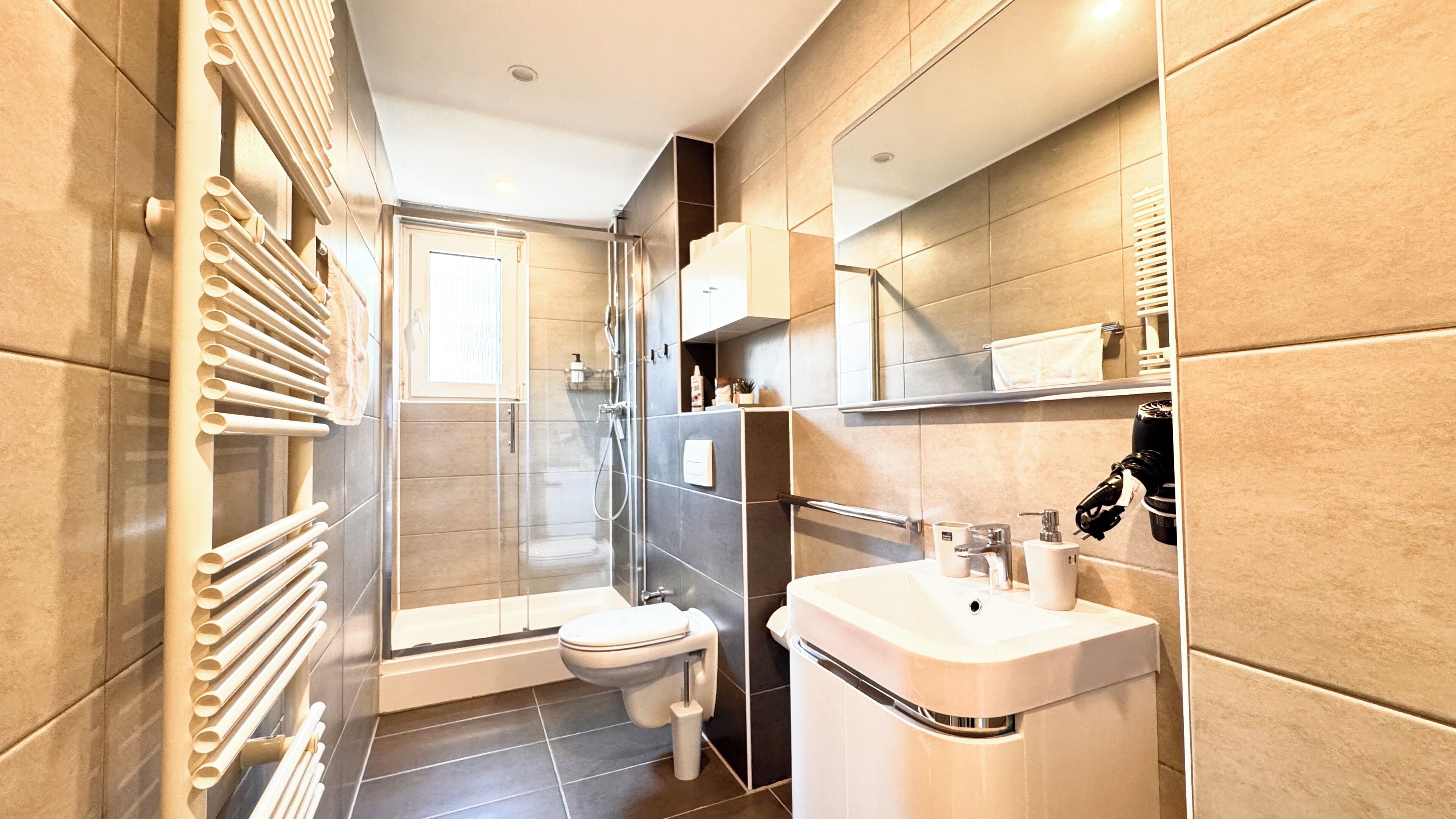 Shower, hair dryer, towels, soap