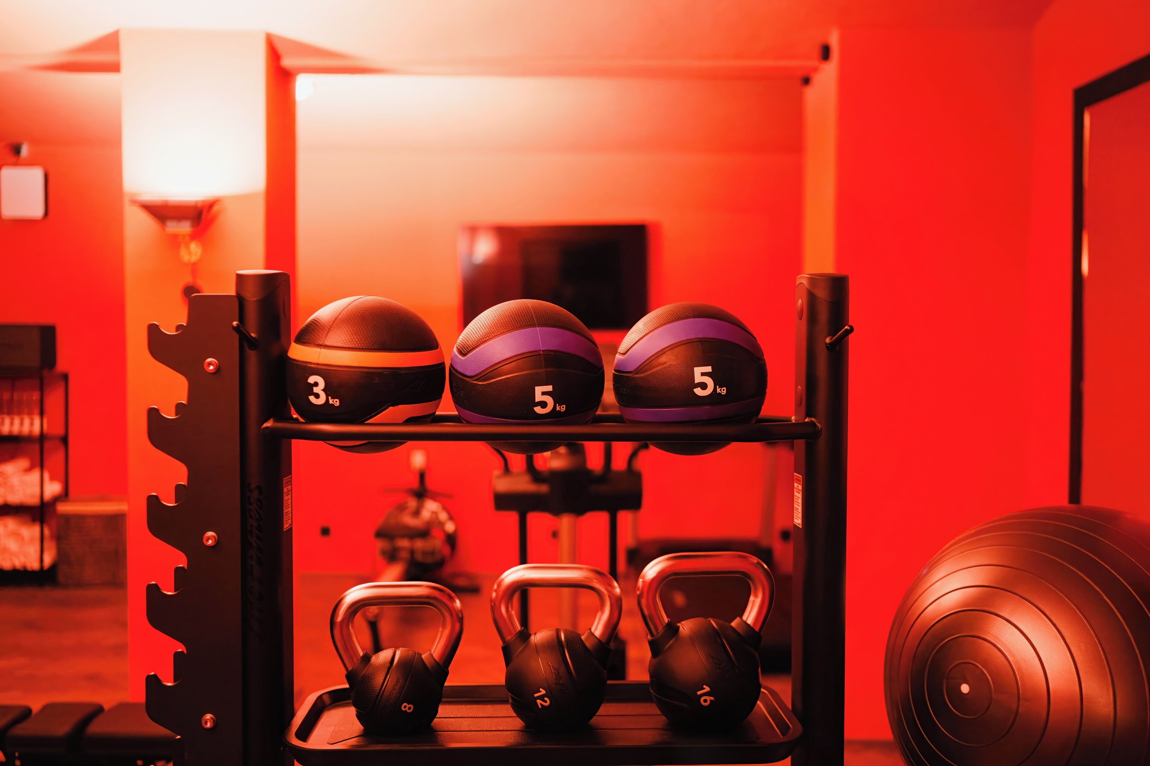 A gym with weight plates, kettlebells, and a squat rack.