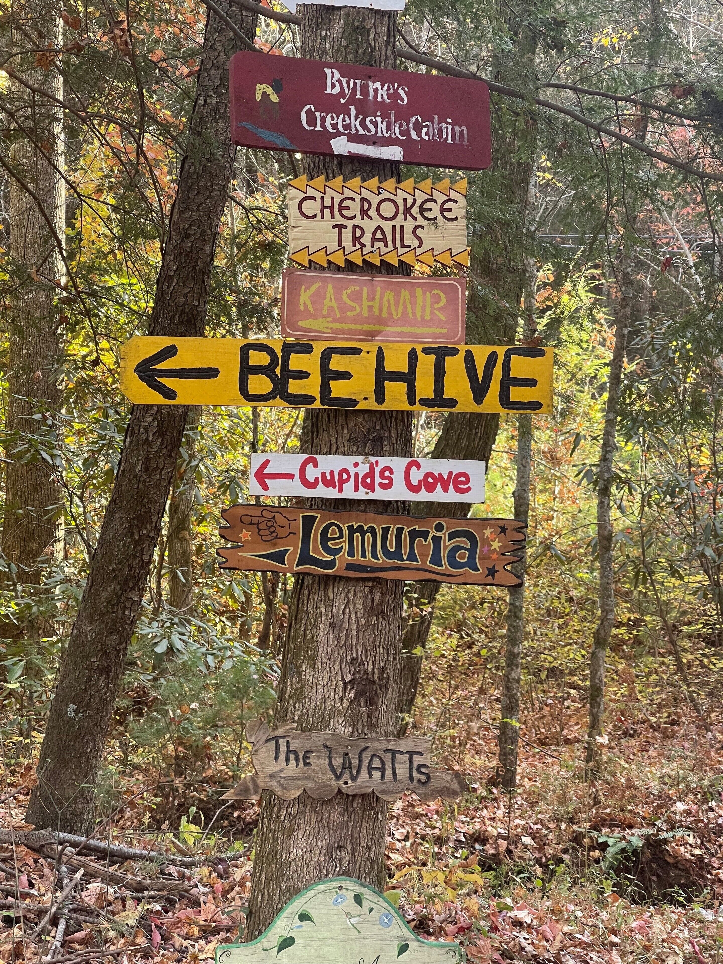 A wooden signpost with multiple directional signs for various locations such as Byrne's Creekside Cabin, Cherokee Trails, Kashmar, Bee Hive, Cupid's Cove, Lemuria, and The Watts.
