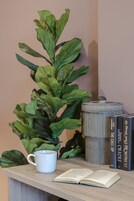 Una mesa con una planta en maceta, una taza blanca, un libro abierto y una pila de libros.