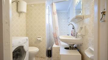 Regadera, secadora de cabello, toallas, papel de baño