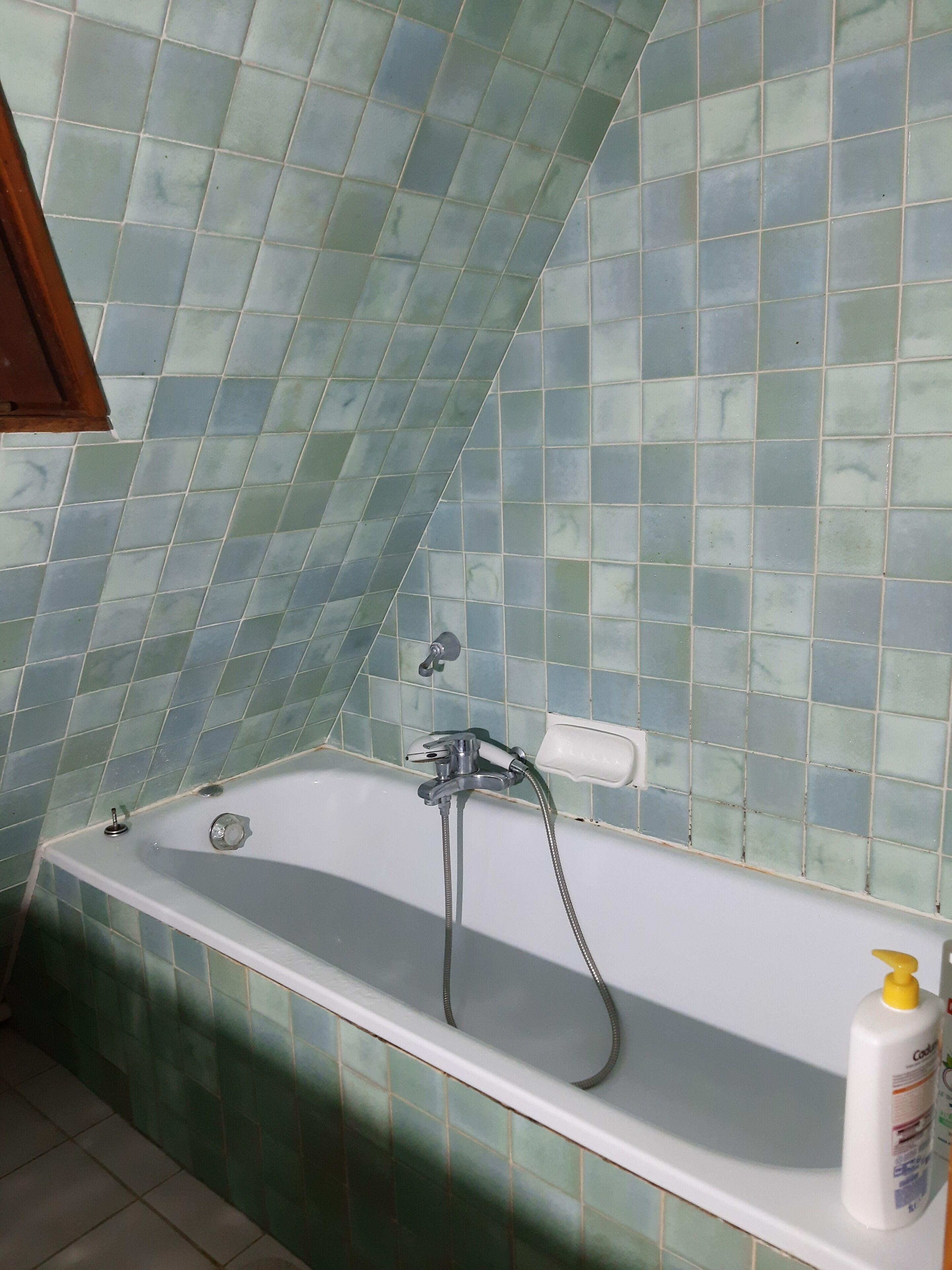 Un baño con bañera, grifo de ducha y una botella de champú en el borde.