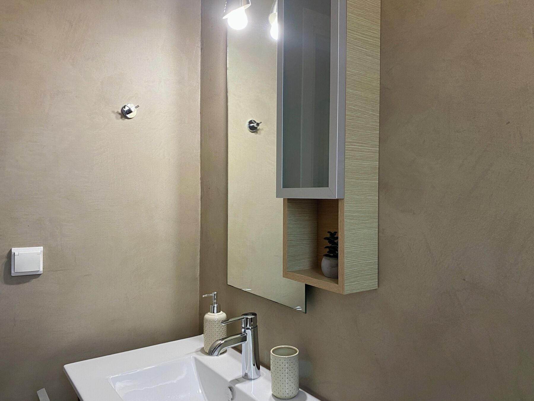 Un baño con un lavamanos blanco, un espejo y un pequeño estante con una planta.