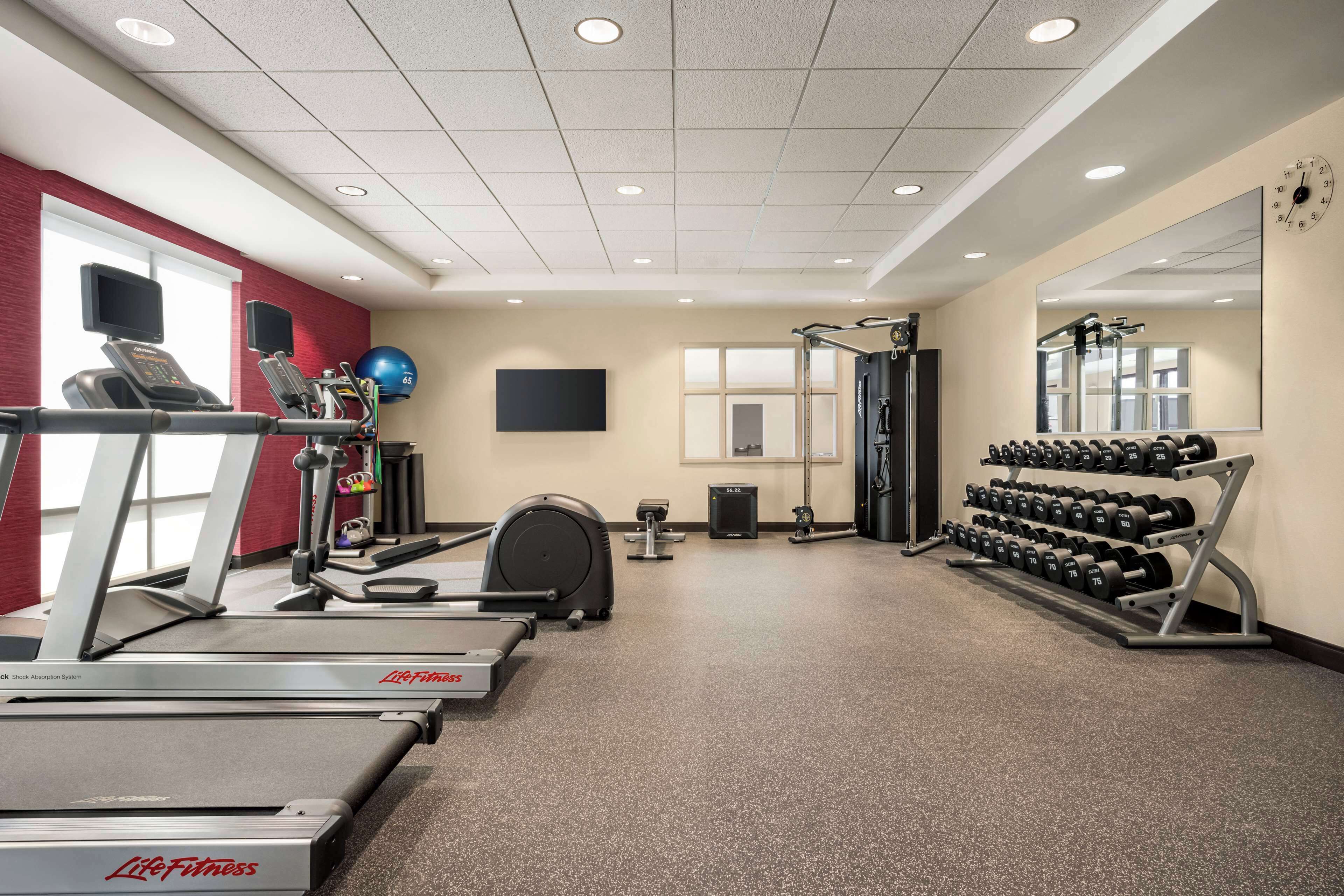 A gym with treadmills, a stationary bike, a rowing machine, dumbbells, and a mirror.
