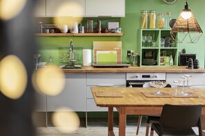 Apartment | Eigene Küche | Großer Kühlschrank, Mikrowelle, Herdplatte, Geschirrspüler