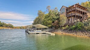A lakeside property with a dock and a house.