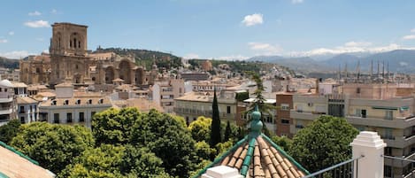 Un paisaje urbano con arquitectura histórica, que incluye una catedral destacada y una colina con una iglesia.
