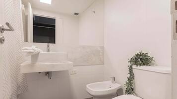 Shower, hair dryer, towels, shampoo