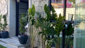 A building with stone facade, large windows, and potted plants. - Chloe Alacati (Cesme)