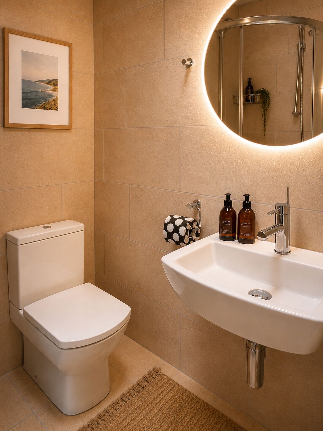 Ein Badezimmer mit Toilette, Waschbecken und Spiegel.