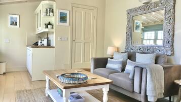 TV, fireplace, books, music library