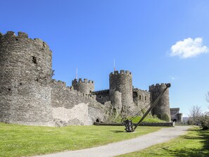 A historic castle with stone walls, multiple towers, and a drawbridge.