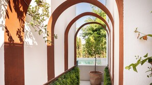 Un pasillo estrecho con vigas de madera arqueadas, una planta en maceta y vista a zonas verdes al exterior.