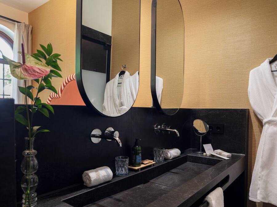 A modern bathroom with a black sink, a mirror, and a towel rack.