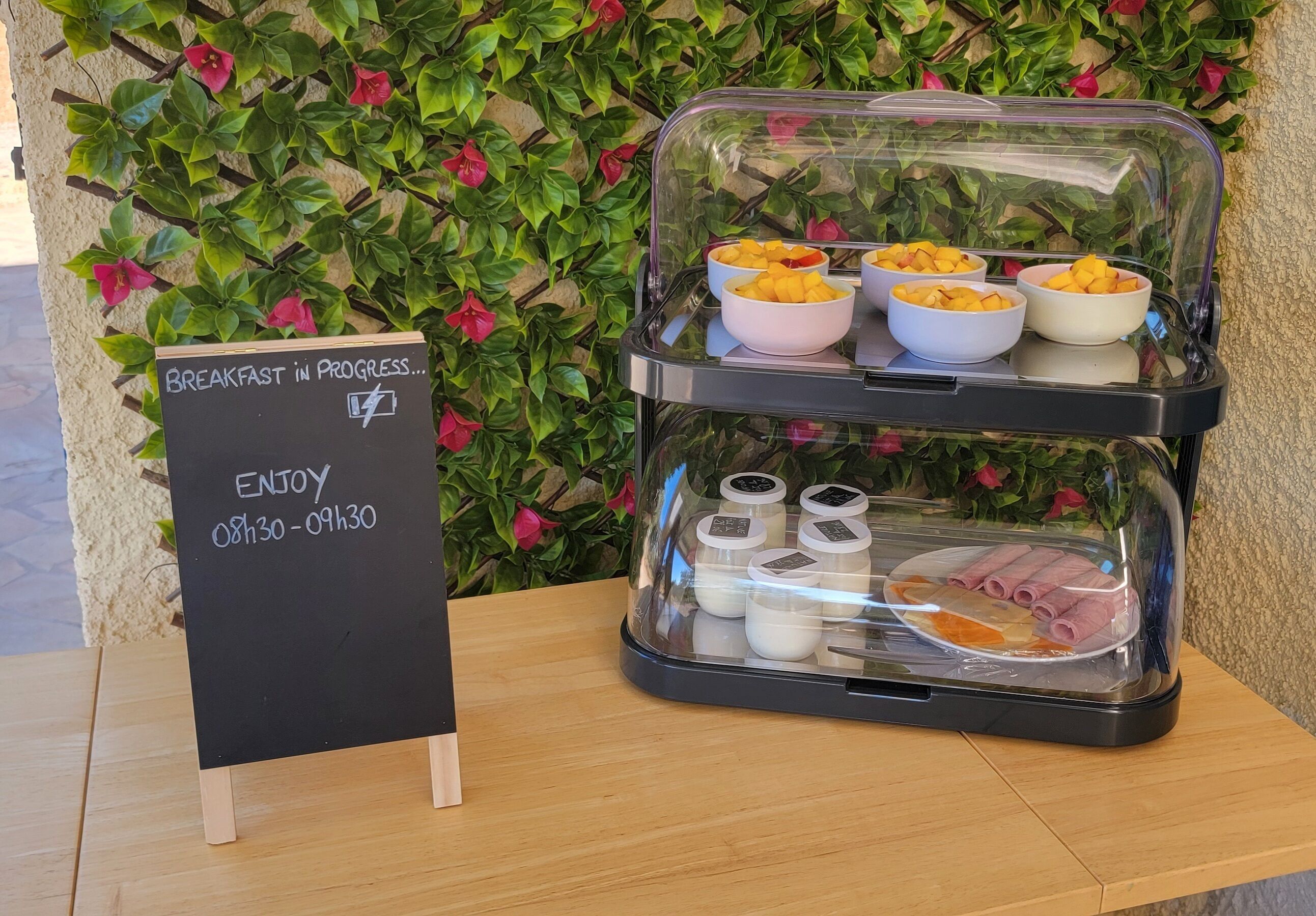 A breakfast buffet with bowls of fruit and rolls, set against a backdrop of green foliage and red flowers.