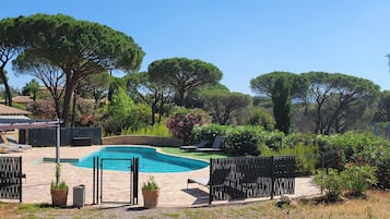 Seasonal outdoor pool, pool umbrellas, pool loungers