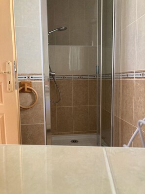 Shower, hair dryer, soap, toilet paper