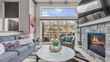 Televisión, chimenea y estéreo