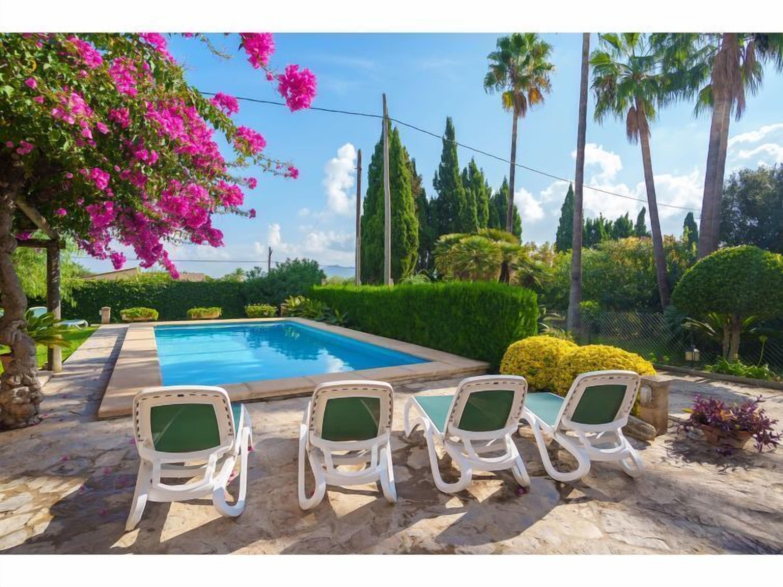 Una piscina con lettini e un giardino ricco di piante e alberi.