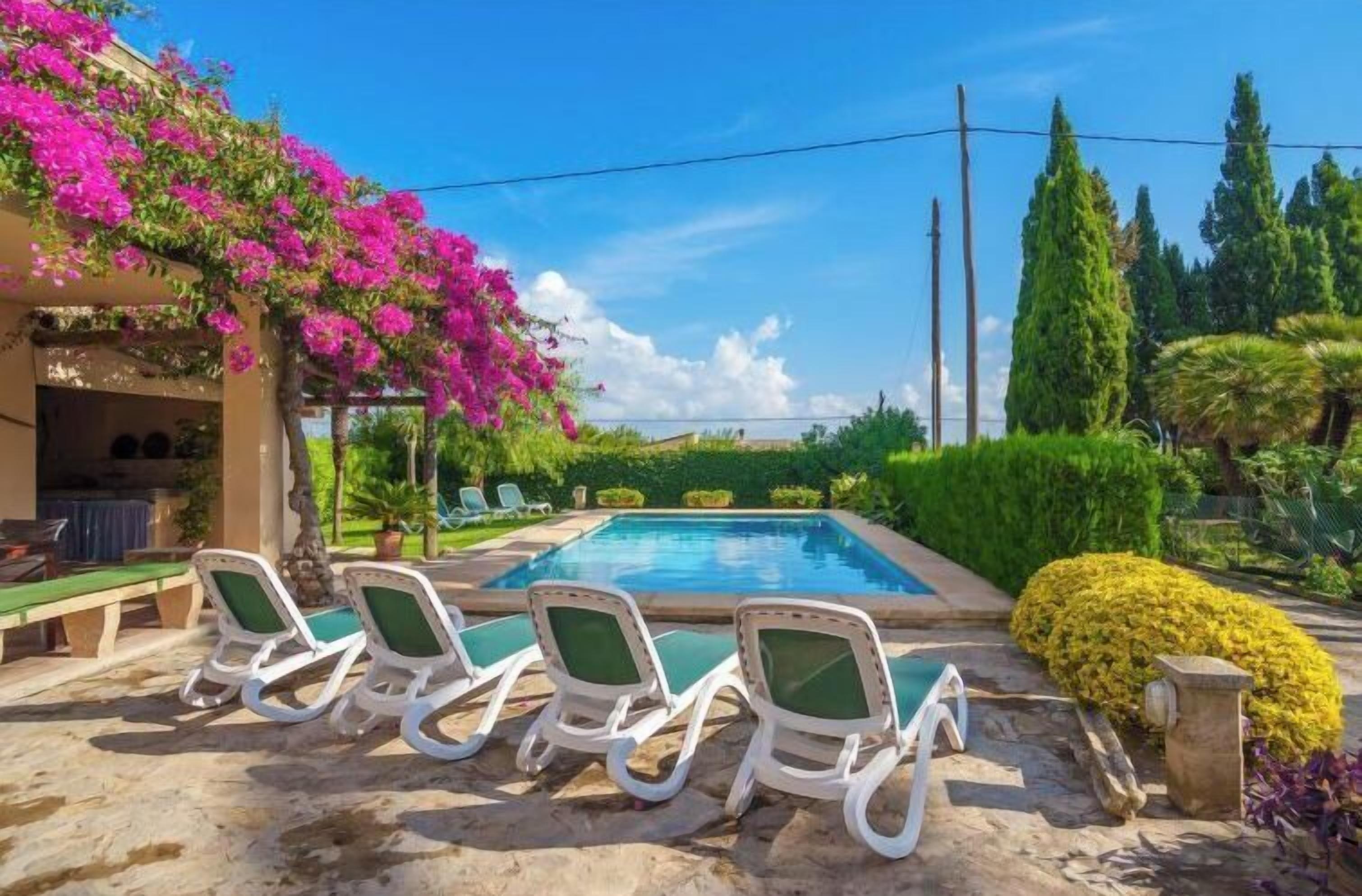 A swimming pool with lounge chairs, surrounded by greenery and a clear sky.