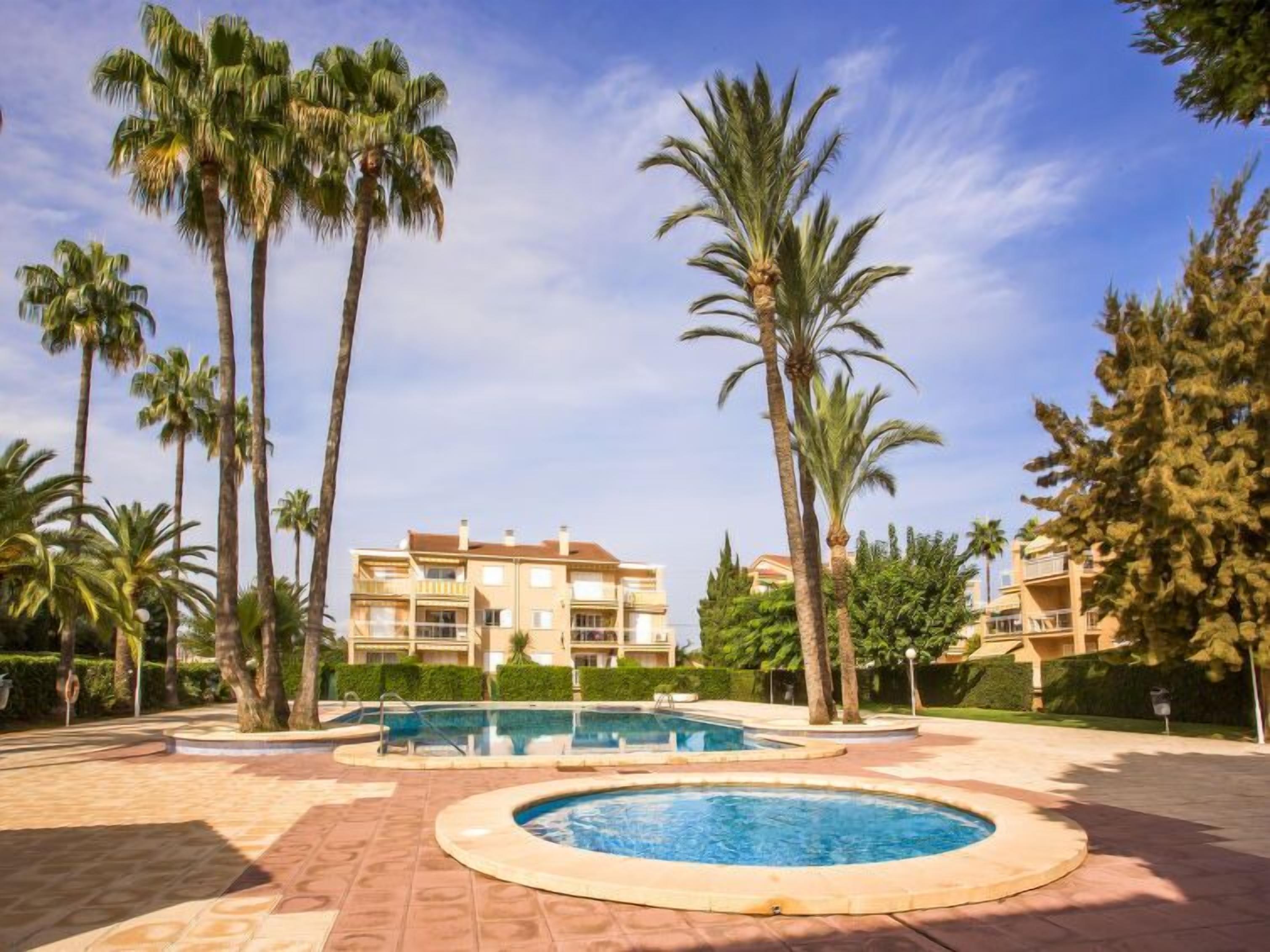 A pool area with palm trees, a pool, and a building in the background.