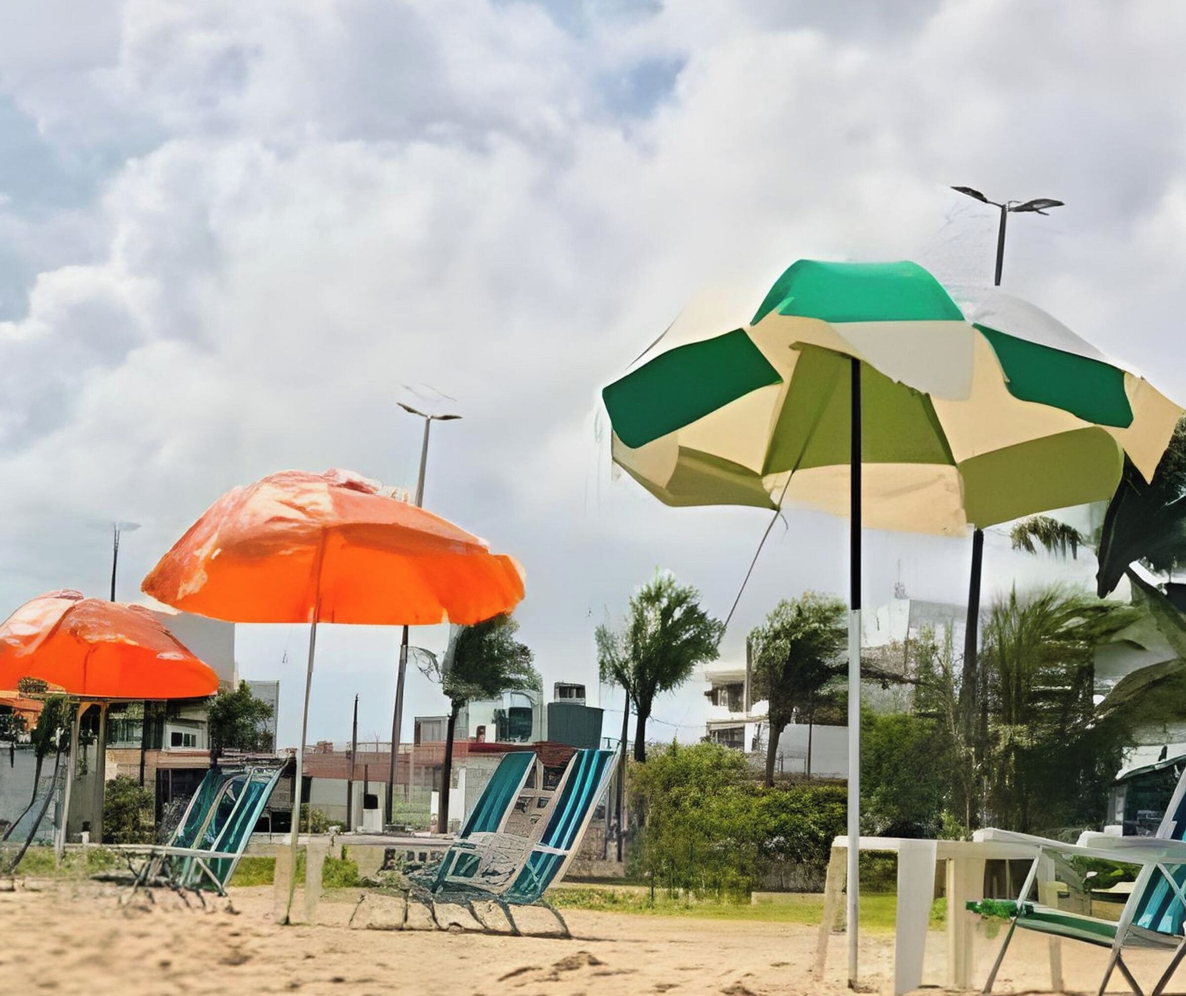 Des chaises de plage et des parasols, une plage de sable et des palmiers.