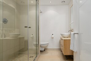 Shower, hair dryer, towels, shampoo