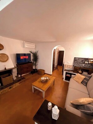 Smart TV, fireplace, books, stereo