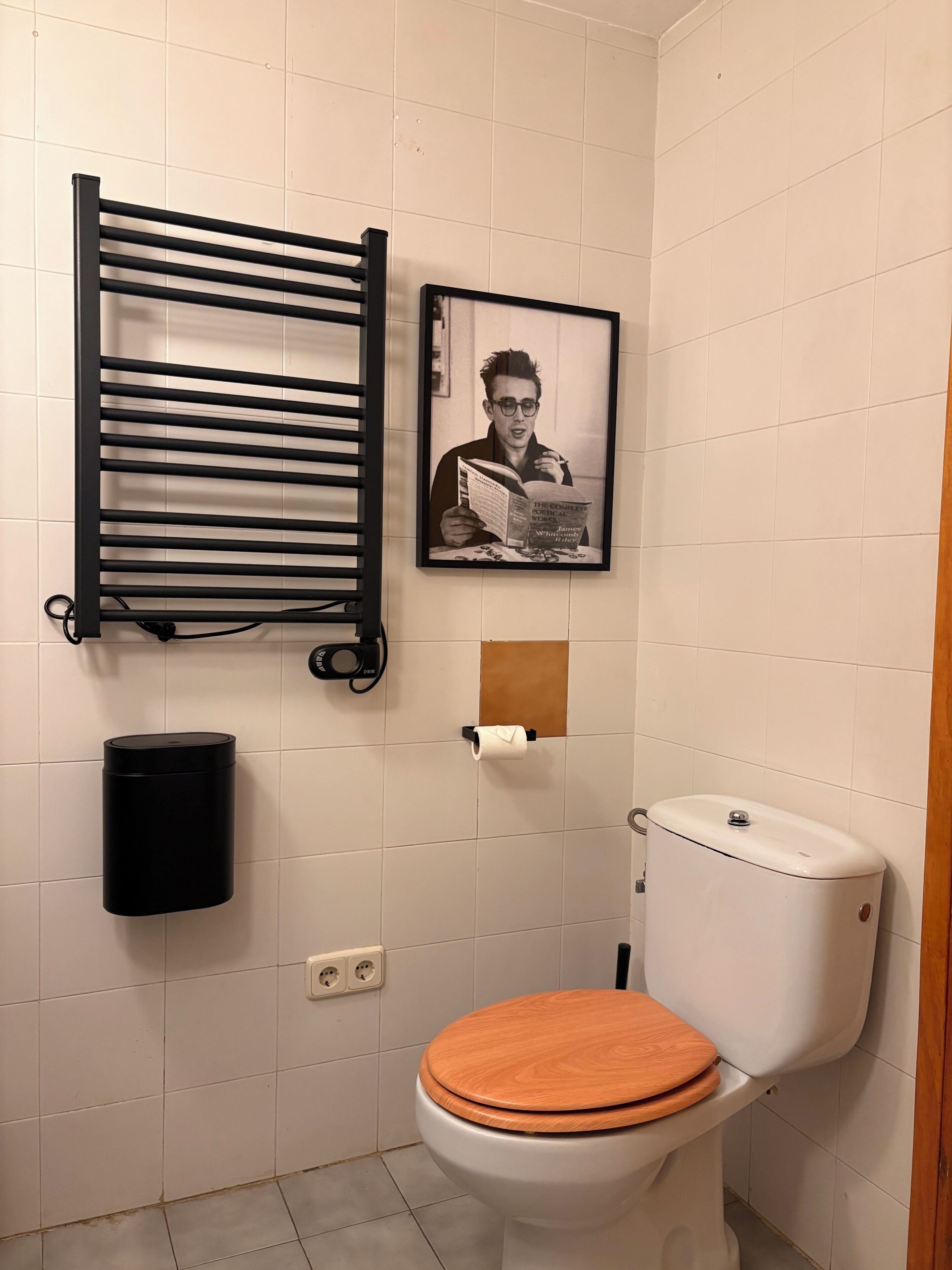 Une salle de bain avec des toilettes, un porte-serviettes noir, un tableau encadré, une poubelle noire et un rouleau de papier toilette.