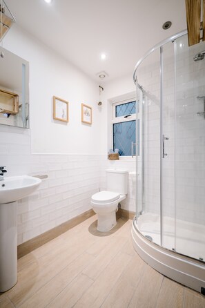 Ein modernes Badezimmer mit einer Duschkabine, einem weißen Waschbecken und einer Toilette.