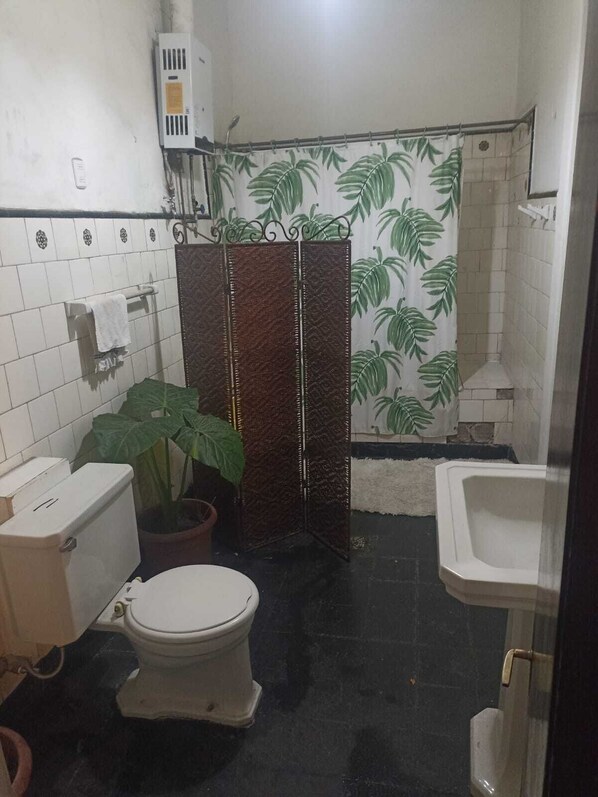 A small bathroom with a toilet, sink, and shower area.