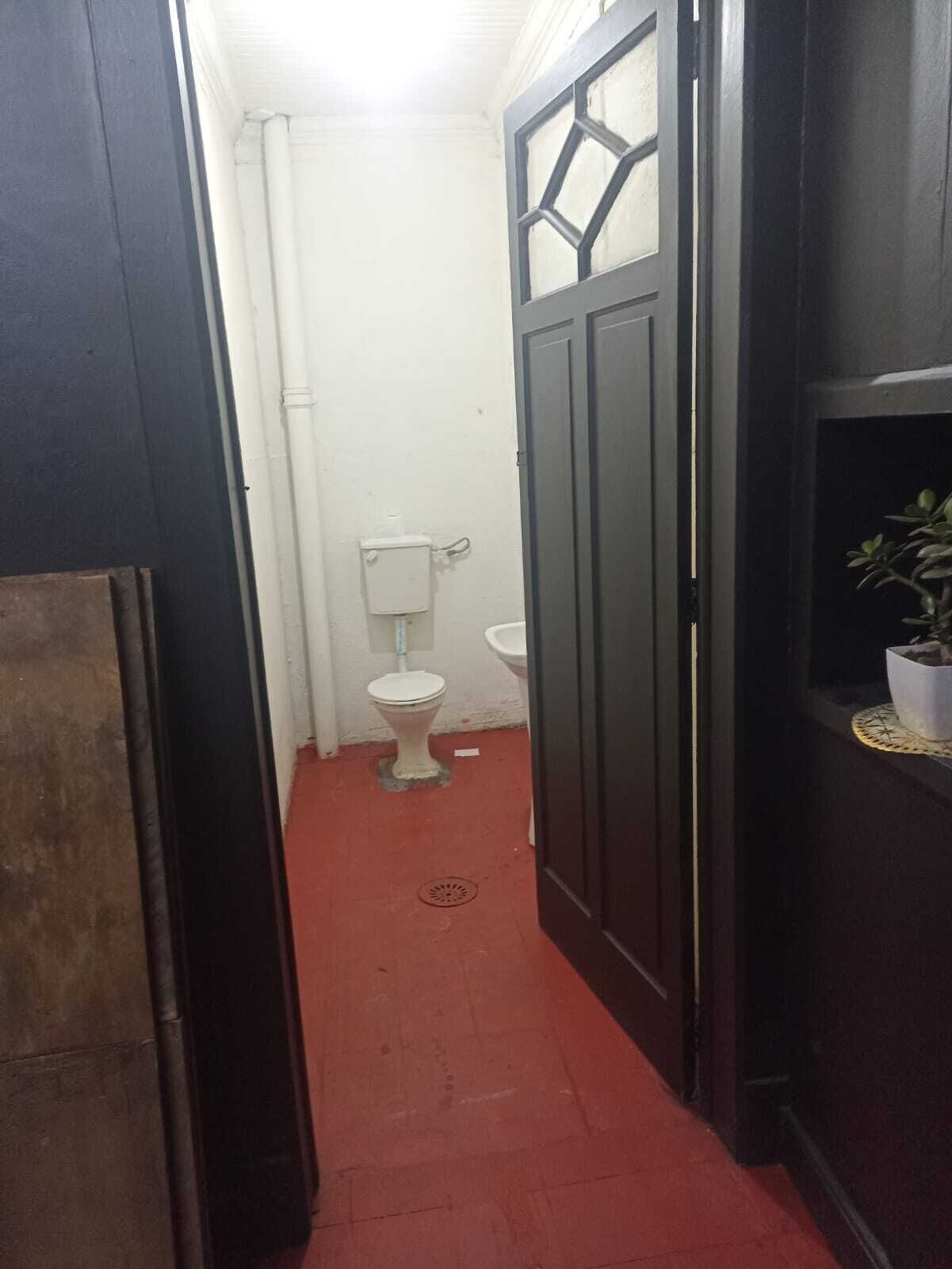 Un couloir étroit avec des toilettes, un lavabo et une porte donnant sur une autre pièce.