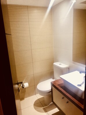 Duschwanne, Haartrockner, Handtücher, Seife