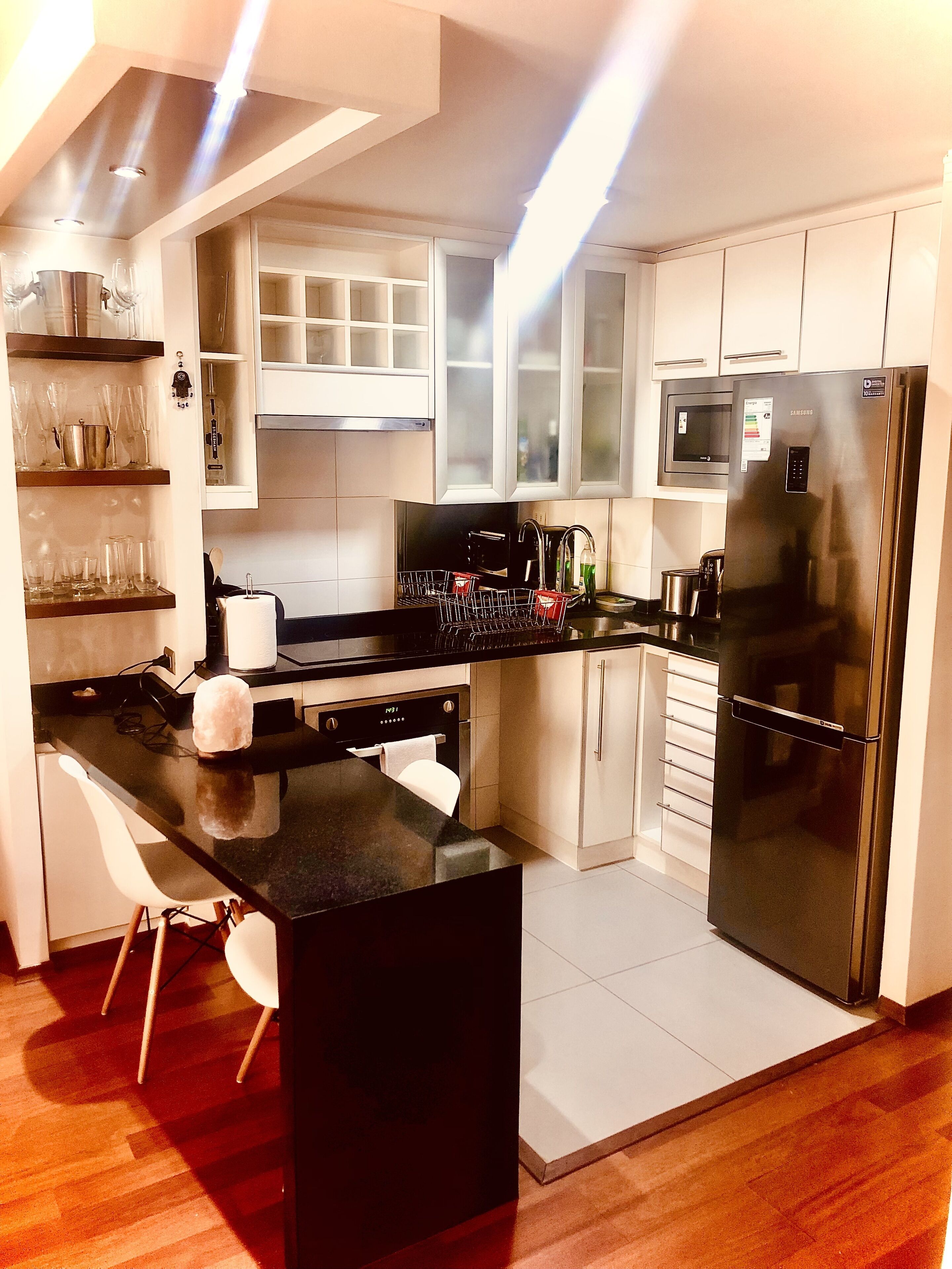 Fridge, microwave, oven, electric kettle