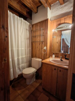 A wooden bathroom with a toilet, sink, and mirror.