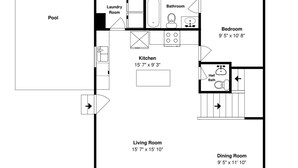 A floor plan with a pool, living room, dining room, kitchen, bathroom, and bedroom. - The Beach Buoy by Silver Sands Vacation Rentals (Port Aransas)