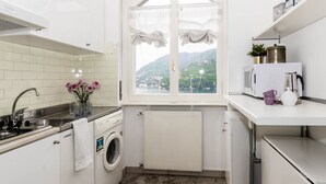 Une cuisine moderne équipée d’un lave-linge intégré, d’un évier et d’une fenêtre donnant sur un paysage pittoresque.