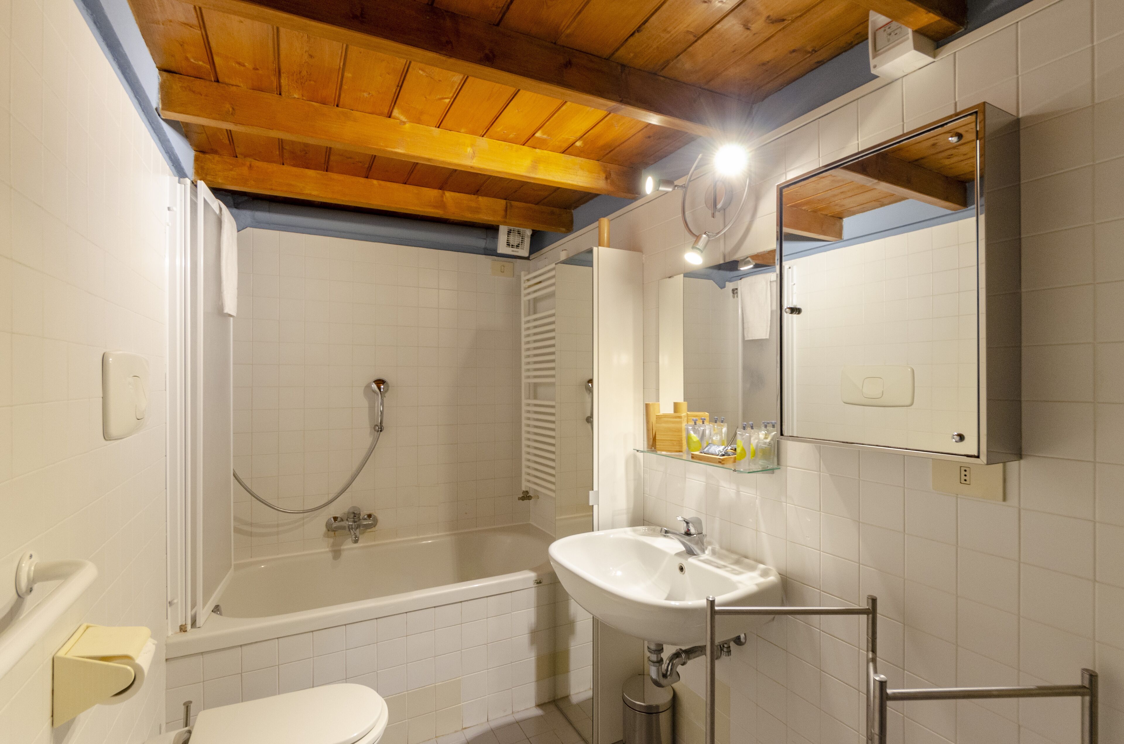 Un baño con bañera, inodoro, lavabo y espejo.