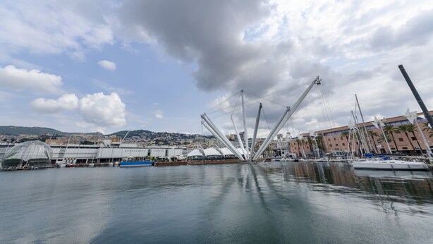 A marina with boats, a large white structure with multiple cranes, and buildings in the background. - JOIVY Warm Family Flat For 9, Near Porto Antico (Genoa)