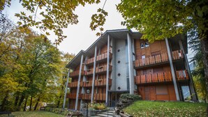Ein mehrstöckiges Gebäude mit Balkonen, einem Steinweg und einer Rasenfläche mit herabgefallenen Blättern.