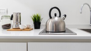 Een moderne keuken met een waterkoker, een koffiezetapparaat, een potplant en een gootsteen.