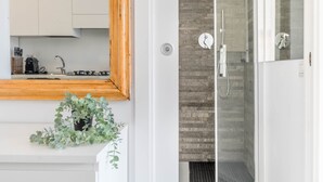 Une salle de bain moderne avec une douche à parois de verre, un miroir à cadre en bois et une plante en pot.