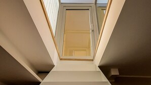 A view from a skylight window looking down a staircase.