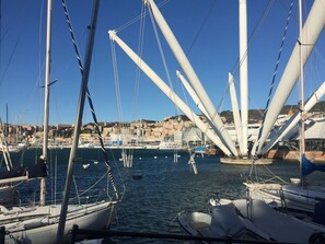 Un port de plaisance où sont amarrés de nombreux bateaux, un ciel bleu azur et, au loin, une vue sur la ville.