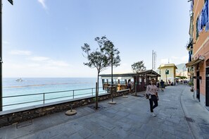 A coastal walkway with stone paving, a few trees, and a view of the sea. - JOIVY Flat By The Sea Promenade (Camogli)