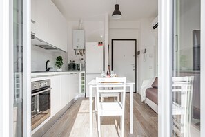Apartment | Private kitchen | Fridge, microwave, oven, stovetop